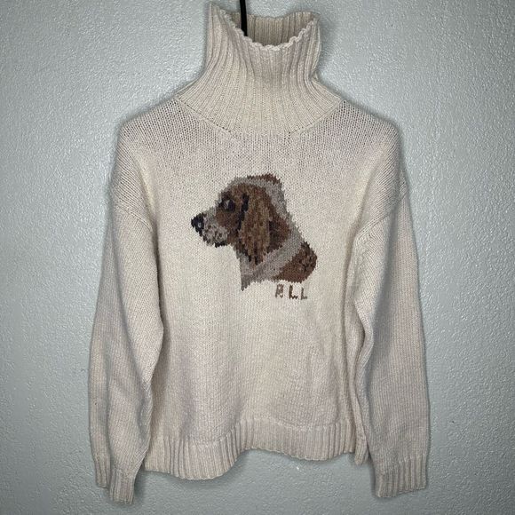 VTG Ralph Lauren Hand Knit Sporting Dog Turtleneck Sweater Women’s Large - Picture 2 of 5